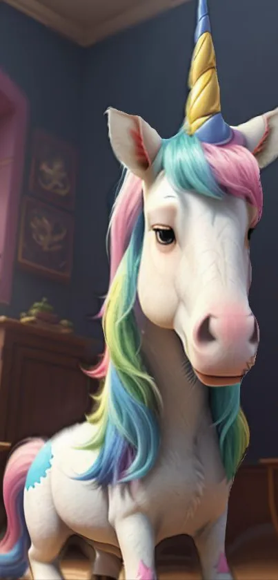 Vibrant unicorn with rainbow mane in a magical room.