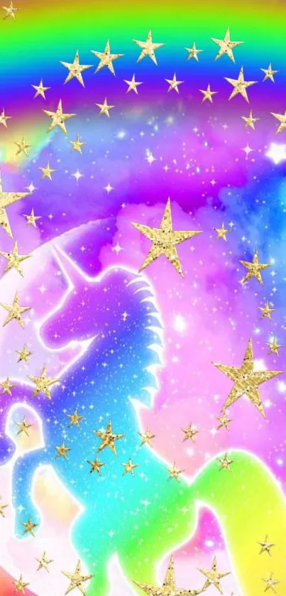 Colorful unicorn with rainbow and stars wallpaper.