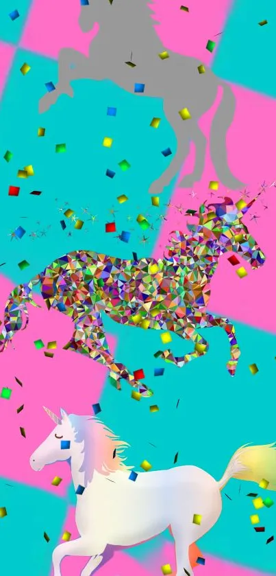 Vibrant unicorns with confetti on turquoise and pink background.