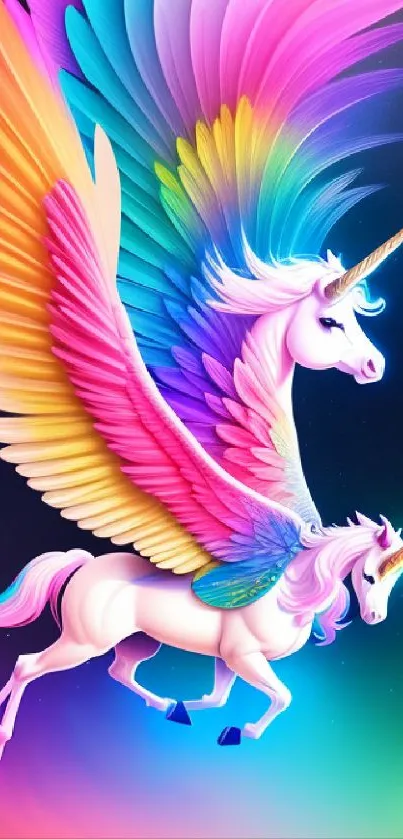 Colorful unicorns with vibrant wings against a dark galaxy background.