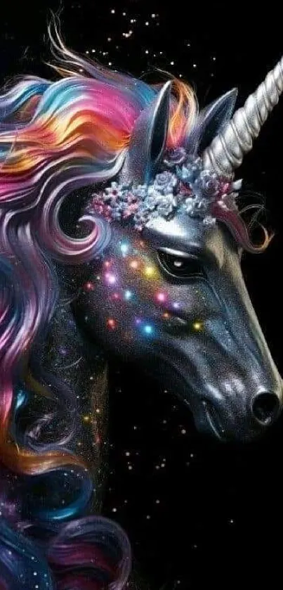 A fantastical unicorn with a vibrant, rainbow mane on a black background.