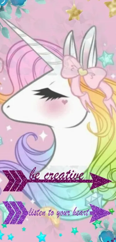 Enchanting unicorn with pastel rainbow mane on a pink background, featuring quotes.