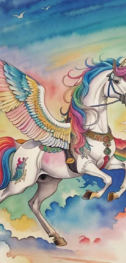 A colorful unicorn with rainbow wings in a dreamy sky.