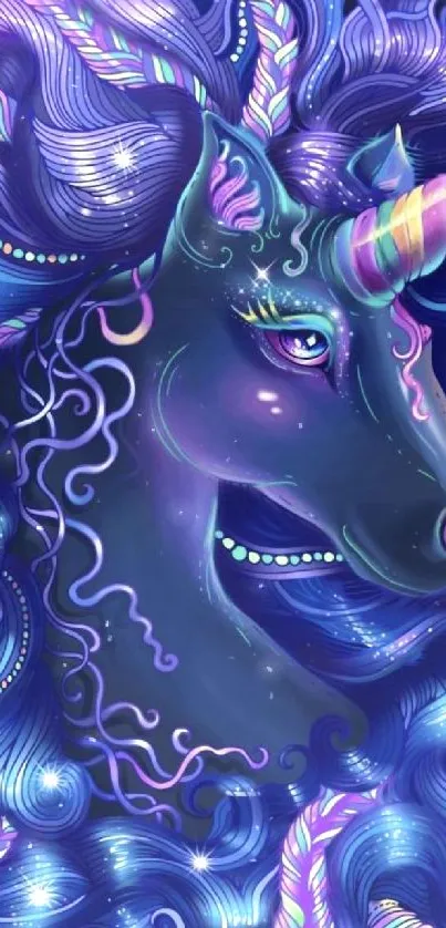 Colorful fantasy unicorn wallpaper with dark blue hues.