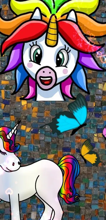 Vibrant unicorn art with colorful butterflies on a mosaic background.