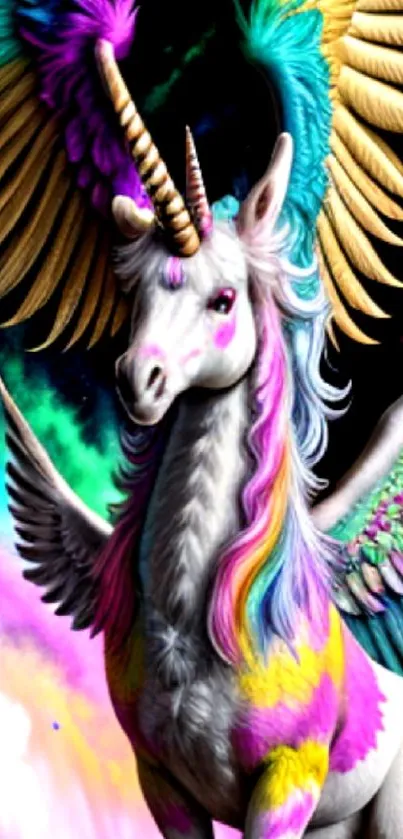 A colorful unicorn with rainbow wings in a cosmic fantasy setting.