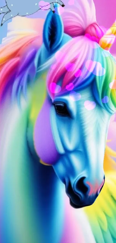 A vibrant unicorn with a rainbow mane and horn in a magical fantasy setting.