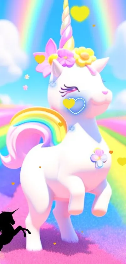 Cute unicorn on colorful rainbow field with blue sky.