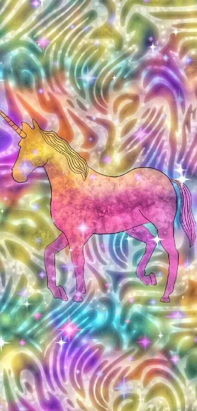 Colorful unicorn fantasy wallpaper with psychedelic patterns.