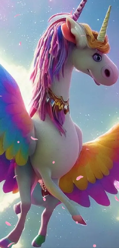 A colorful unicorn with rainbow wings flying in a dreamy sky.