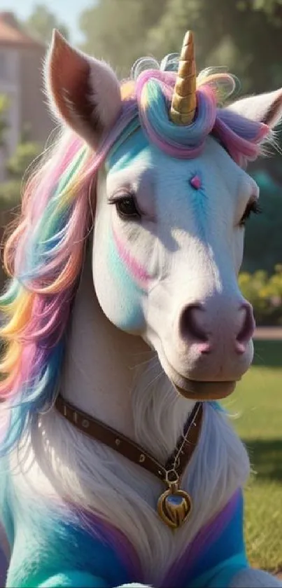 Colorful unicorn with rainbow mane in a serene garden setting.