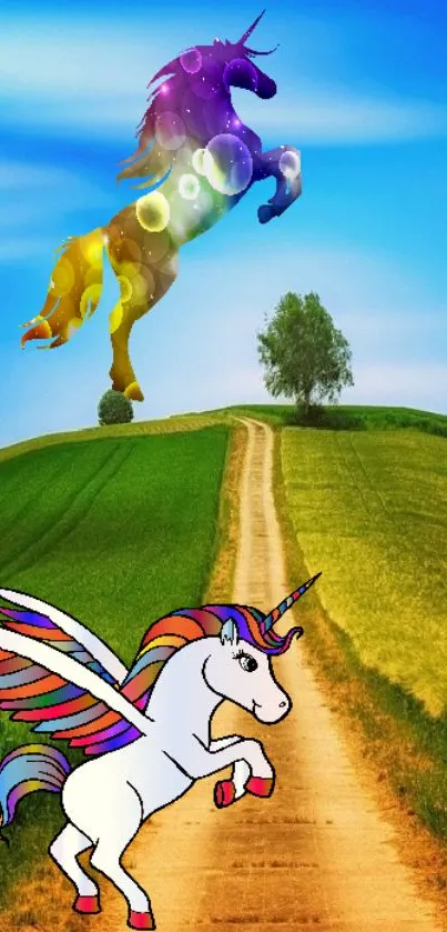 Vibrant unicorns in a colorful landscape with a bright blue sky.