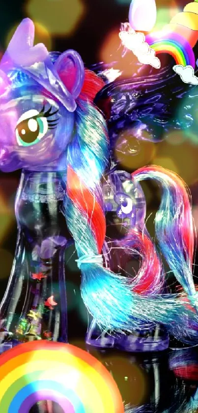 Colorful unicorn with rainbow mane on a black background.