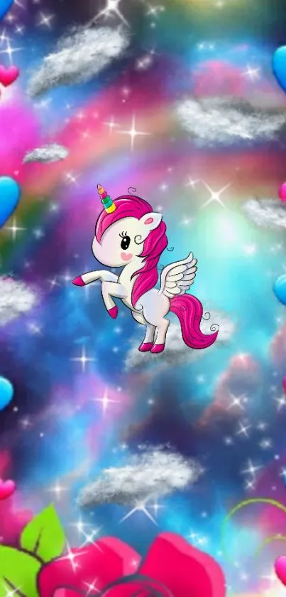 Vibrant unicorn fantasy wallpaper with colorful hearts and clouds.