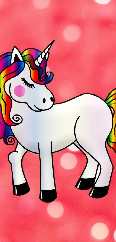 Colorful unicorn with a rainbow mane on a pink bokeh background.