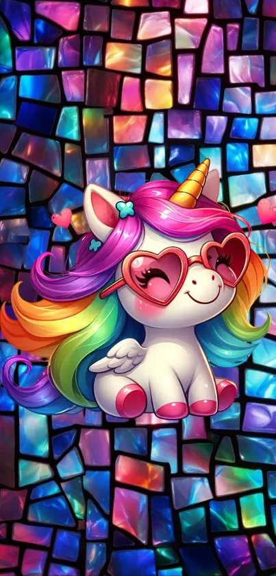 Colorful unicorn with rainbow mane and heart glasses on a vibrant background.