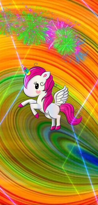 Vibrant unicorn wallpaper with colorful swirls and fireworks.