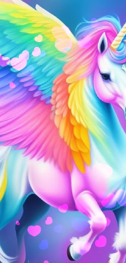 Vibrant unicorn with colorful wings in a fantasy setting.