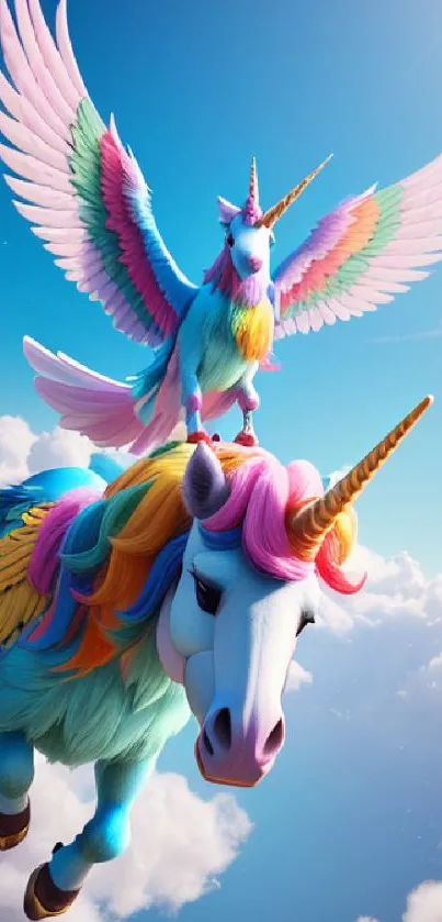 Colorful unicorns flying in a blue sky, surrounded by fluffy clouds.