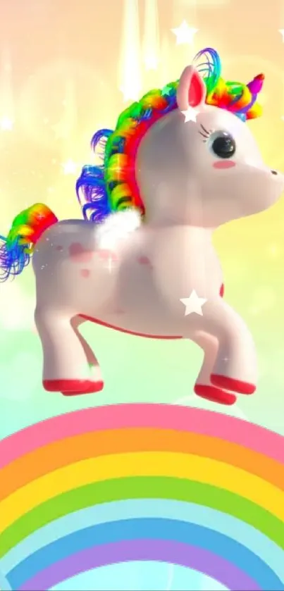 Vibrant unicorn with rainbow mane and stars on pastel background.