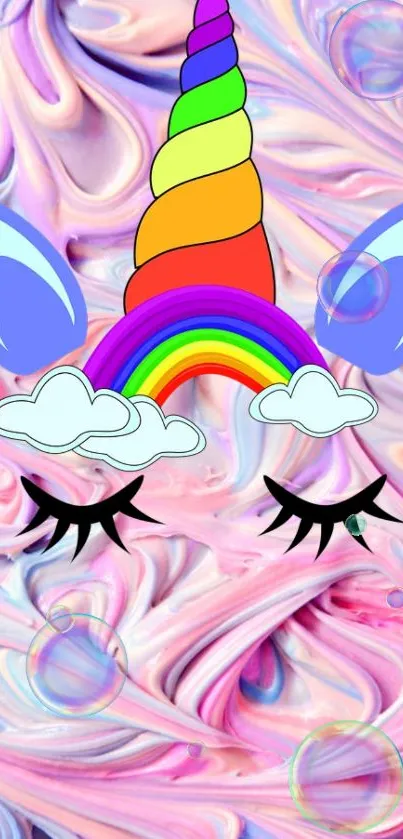 Unicorn wallpaper with rainbow horn and pastel swirl background.