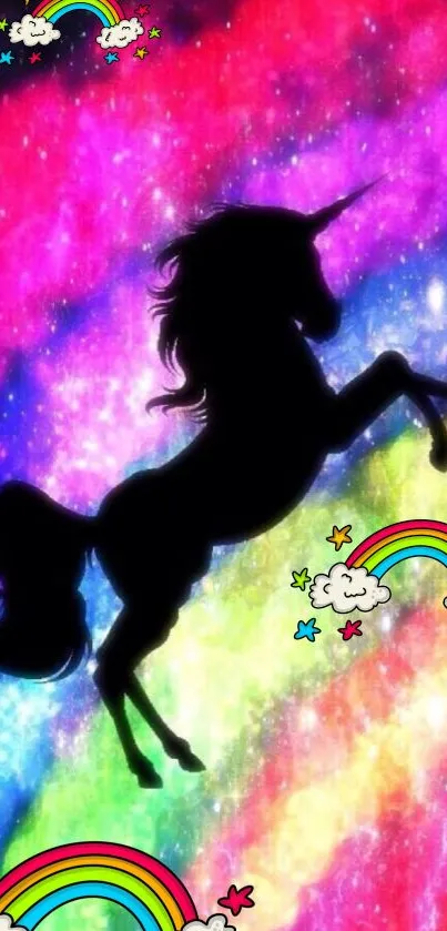 A colorful galaxy wallpaper with a unicorn silhouette and rainbows.