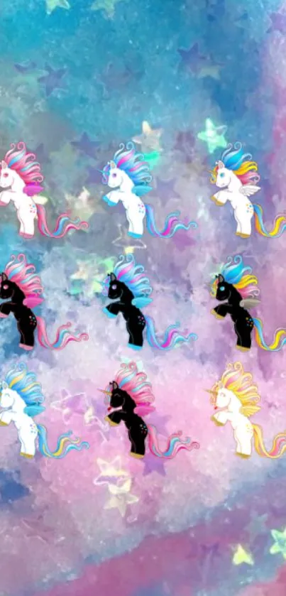 Colorful unicorns on a pastel galaxy background wallpaper.