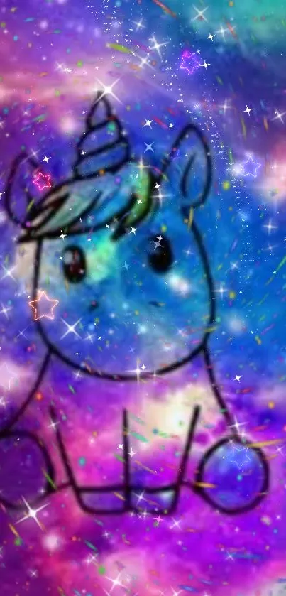 Colorful galaxy wallpaper with cute unicorn sketch and stars.