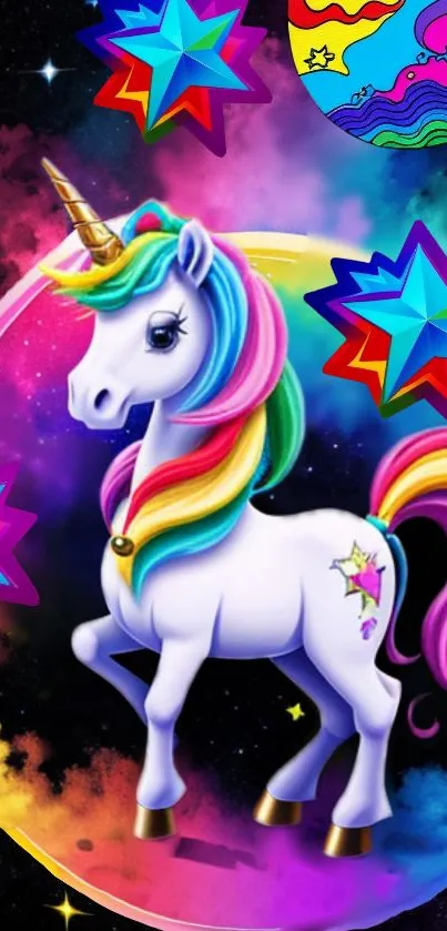 Colorful unicorn with a rainbow mane in a starry galaxy.