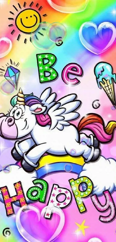 Colorful unicorn with rainbow and 'be happy' text.