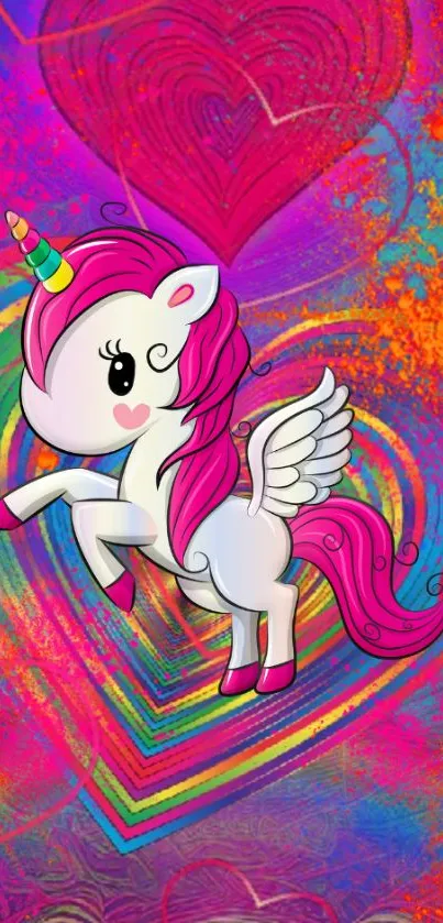 Colorful unicorn wallpaper with vibrant hearts and wings.