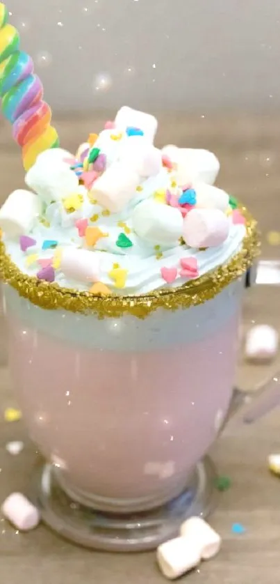 Unicorn hot chocolate with marshmallows and rainbow sprinkles in a glass mug.