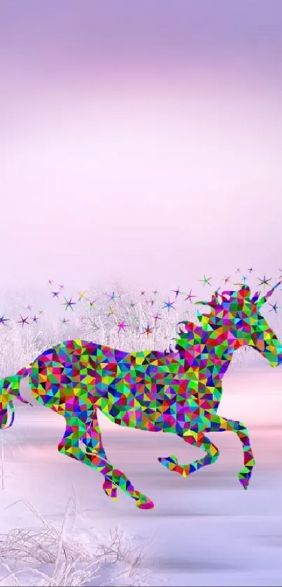 Vibrant unicorn galloping in a frosty pastel landscape.