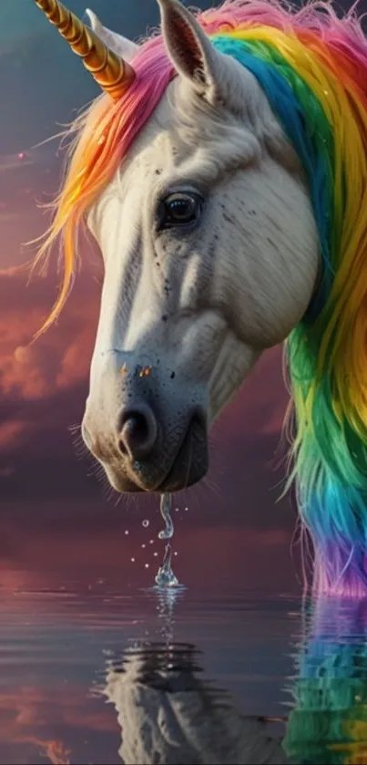 A unicorn with a rainbow mane stoops over water, under a vibrant sky.