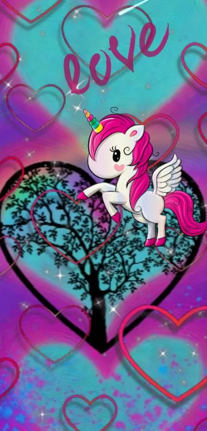 Colorful unicorn wallpaper with hearts and love theme.