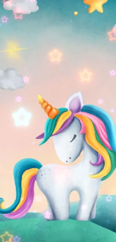 Whimsical unicorn with rainbow mane in a dreamy sky.