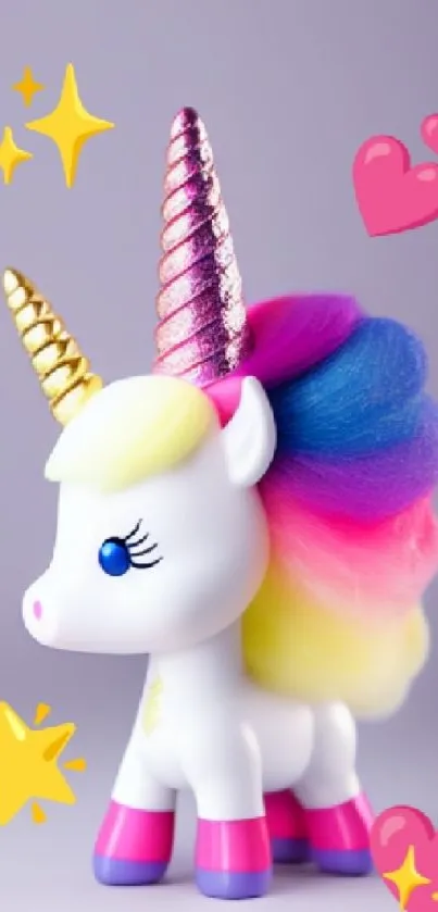 Colorful unicorn with rainbow mane and pink highlights on a lavender background.