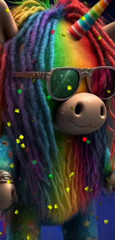 Vibrant unicorn wallpaper with rainbow hair and sunglasses.