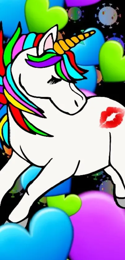 Colorful unicorn with rainbow mane on heart-themed mobile wallpaper.