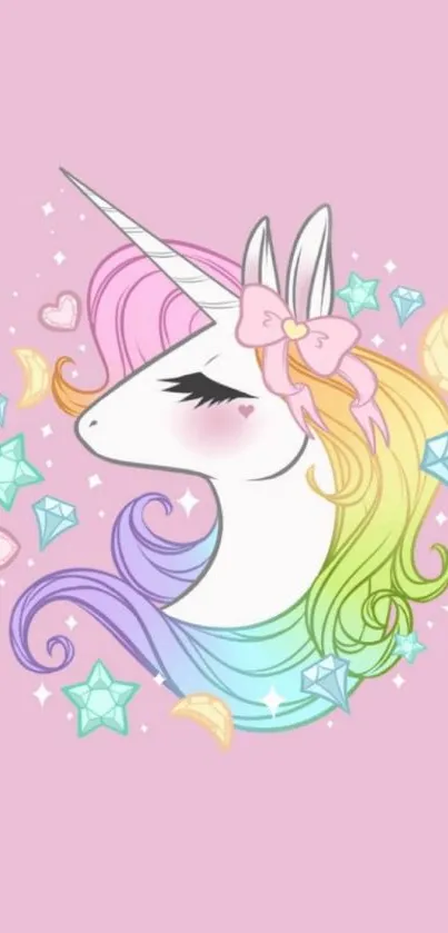 Vibrant unicorn with colorful mane on pastel pink background.