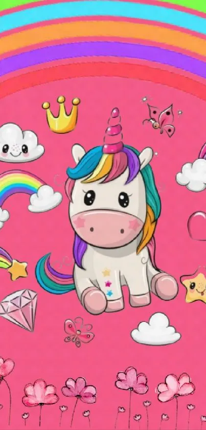 Cute unicorn with rainbow and clouds on pink background wallpaper.