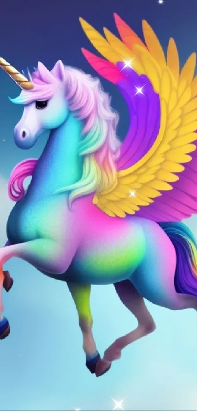 Colorful unicorn with rainbow wings on a mobile wallpaper.