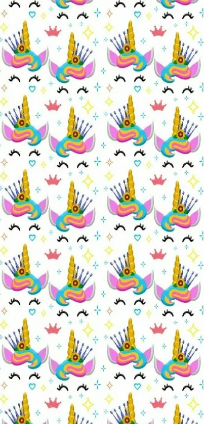 Colorful unicorn pattern wallpaper with white background.