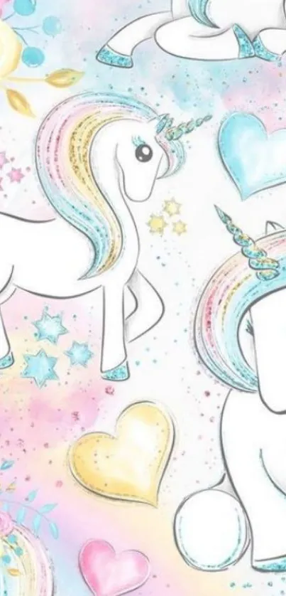 Colorful unicorn wallpaper with pastel hues and whimsical designs.