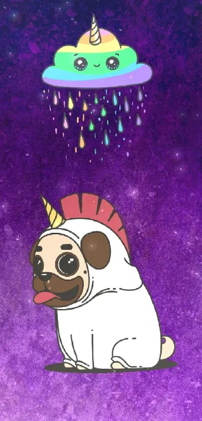 Unicorn pug with a colorful cloud on a purple background.