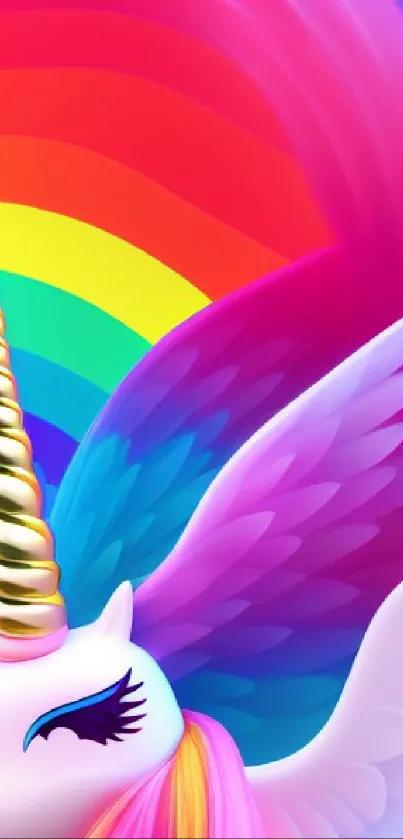 Colorful unicorn with rainbow wings on vibrant background.