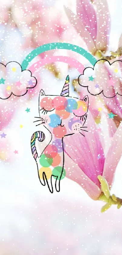 Whimsical rainbow unicorn with spring magnolia flowers.