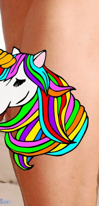 Vibrant unicorn tattoo art on beige background