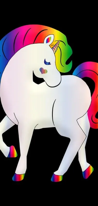 Colorful unicorn with rainbow mane on black background.