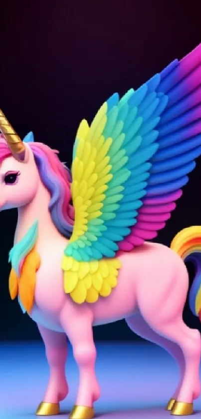 Colorful unicorn with rainbow wings and mane on a fantasy background.